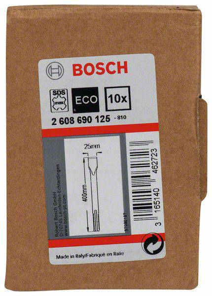 Kartonová krabice od Bosche. Obsahuje 10 vrtáků vhodných pro obrábění kovů. Rozměry: průměr 25 mm, délka 400 mm. Vyrobeno v Itálii.