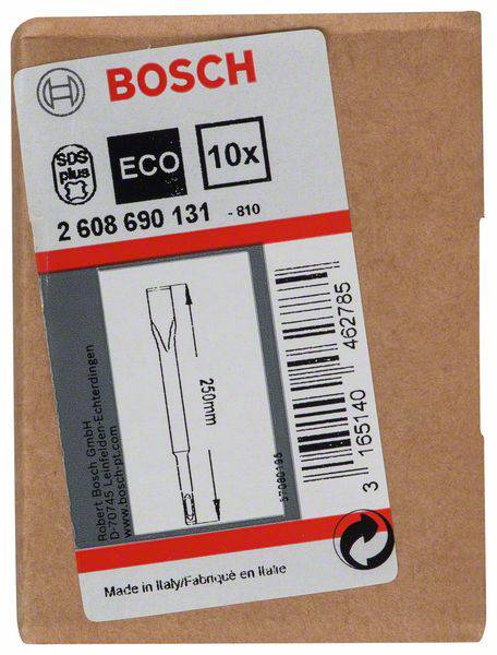 Obal 'Bosch' s vyobrazením vrtáku, produktovým číslem, EAN kódem a údajem o původu: 'Vyrobeno v Itálii'.