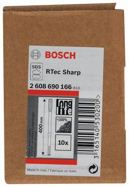 'Sekáč Bosch R-Tec Sharp, délka 400 mm, SDS max, vhodný pro beton, balení z Itálie, čárový kód vpravo.'