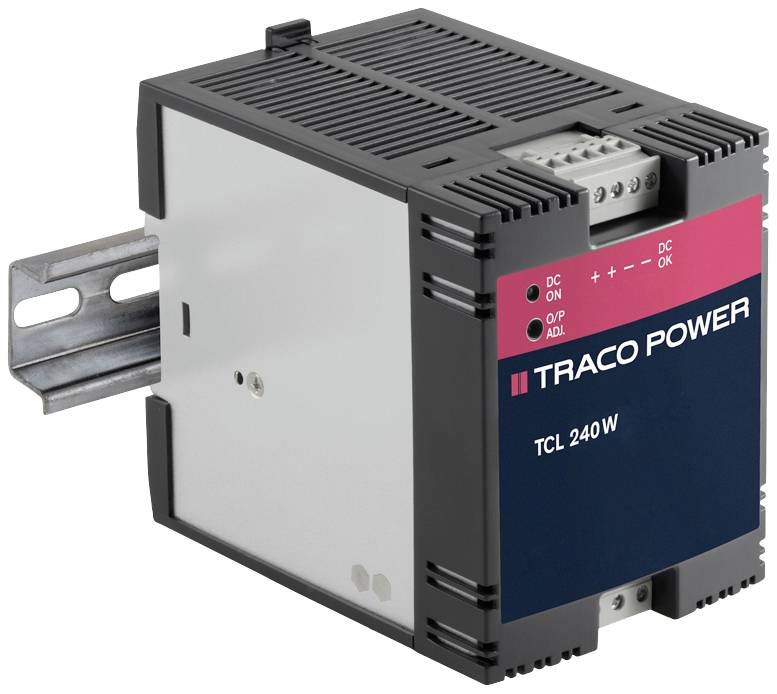Spínaný napájecí zdroj od TRACO Power, model TCL 240 W, namontovaný na DIN liště. Má LED indikátory pro stejnosměrný provoz a poruchy.