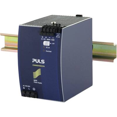 Napájecí zdroj 'PULS Dimension' namontovaný na DIN lištu s uvedeným názvem produktu a technickými specifikacemi, jako je napětí a výkon.
