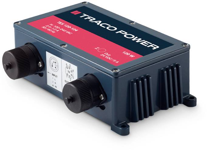 Průmyslový napájecí zdroj od Traco Power, 120 W, modré pouzdro se dvěma černými konektory a informacemi na horní straně.