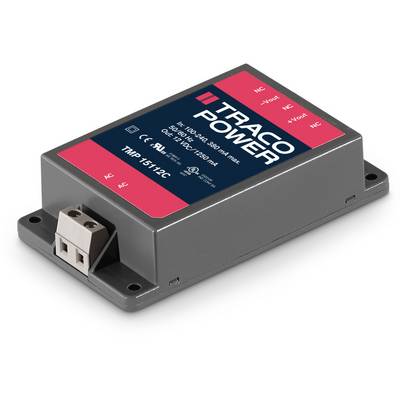 Obdélníkový, šedý napájecí zdroj s červeným štítkem, na kterém je napsáno 'TRACO POWER'; vstup 100-240 VAC, výstup 15 VDC, 12 W.