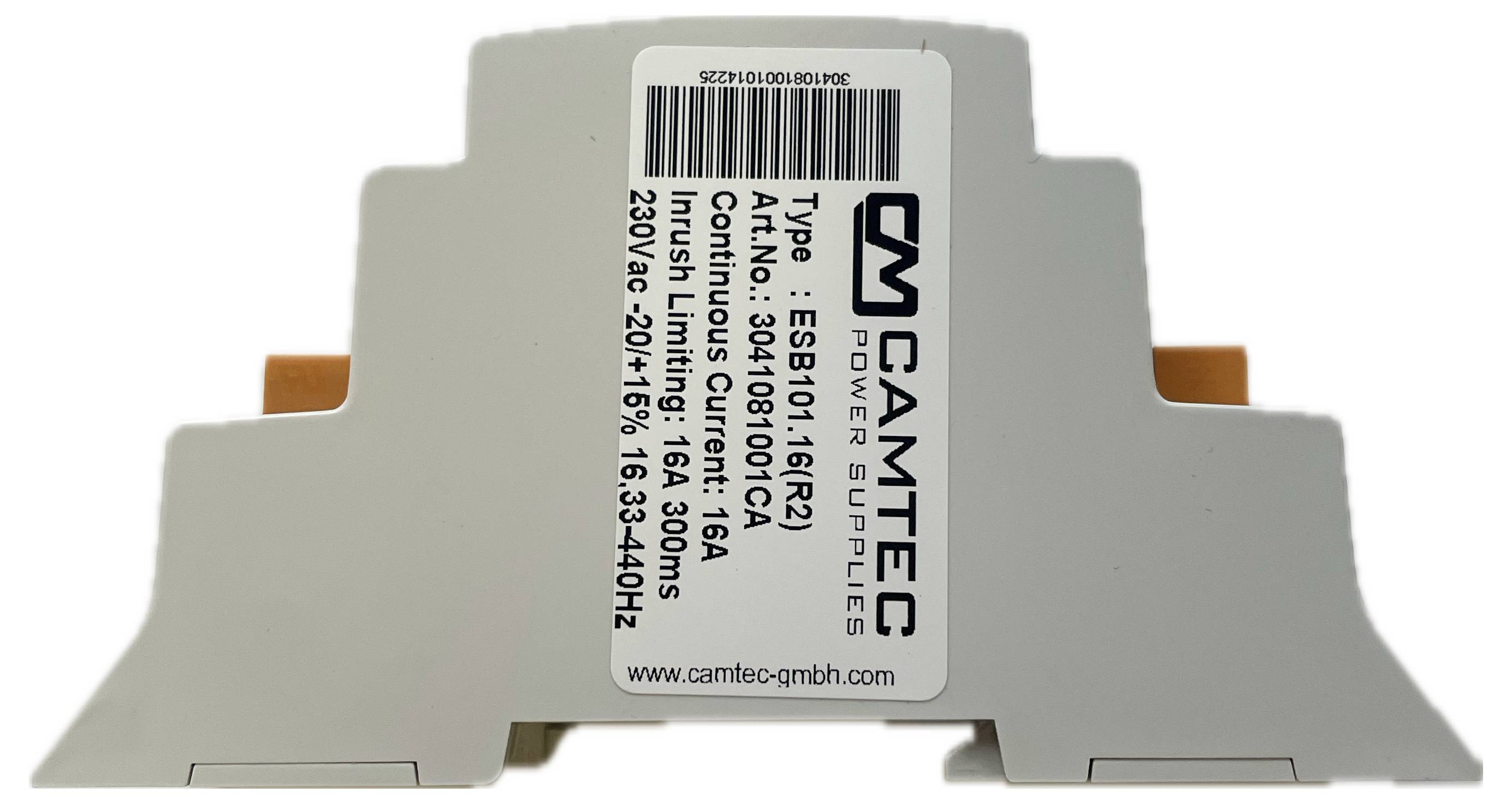 Štítek na elektronickém zařízení společnosti Camtec s údaji: Typ ESB1016016CA, Vstup 16A, 230V AC, 50-60Hz.