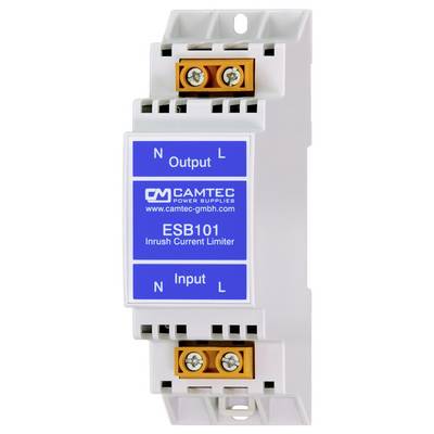 Bílý DIN-lišta elektrický modul označený 'CAMTEC ESB101' a 'Omezovač proudu při zapnutí', se značením vstupních/výstupních terminálů a šroubovacími svorkami.