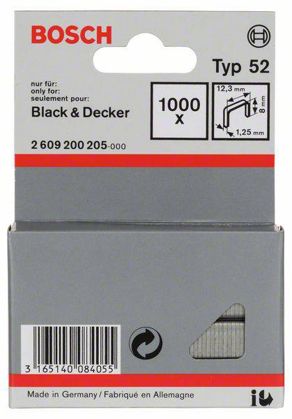 Balení se sponkami Bosch typ 52, 1000 kusů, vel. 12,3mm x 1,25mm. Kompatibilní s Black & Decker. Vyrobeno v Německu.
