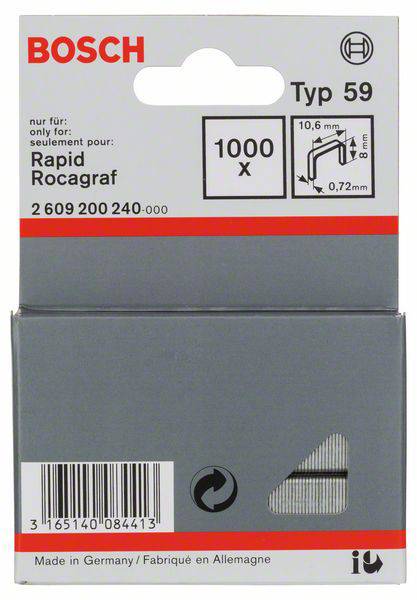 'Bosch Typ 59' sponky do sešívačky pro 'Rapid Rocagraf', obsahuje 1000 kusů, 10,6 mm široké, 0,72 mm tlusté, 'Vyrobeno v Německu'.
