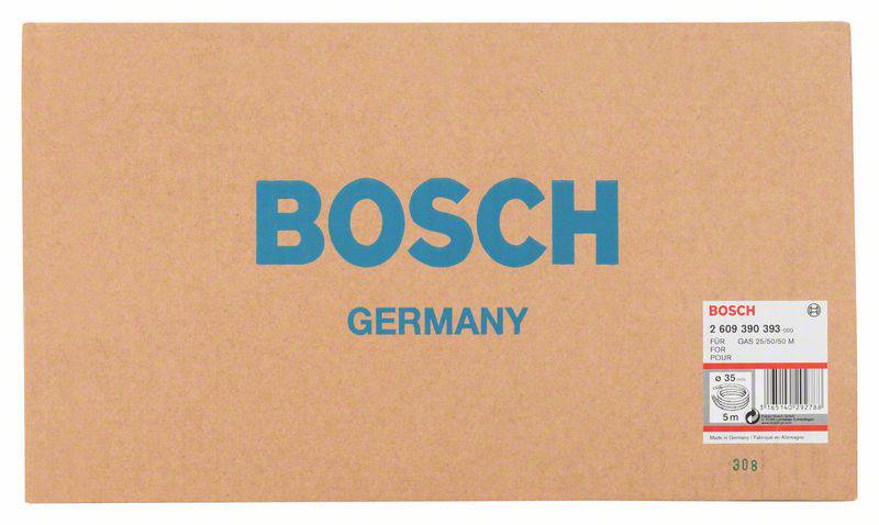 Karton s modře potištěným nápisem 'BOSCH GERMANY'. Vpravo dole štítek s technickými údaji k produktu, včetně délky a napětí.