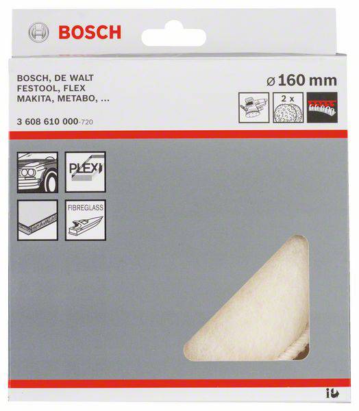 Balení lešticího kotouče Bosch o průměru 160 mm, vhodného pro různé značky strojů; obsahuje 2 kusy.
