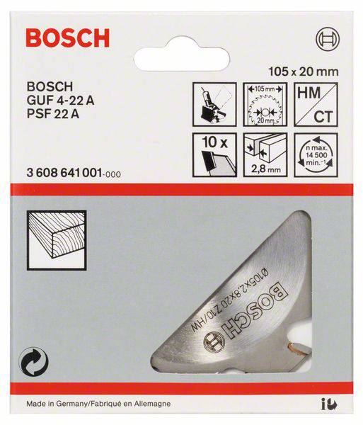 Balení pilového kotouče Bosch 'PSF 22 A' pro dřevo a laminát. Detaily: 105 x 20 mm, tloušťka 2,8 mm, max. 14.500 ot./min.