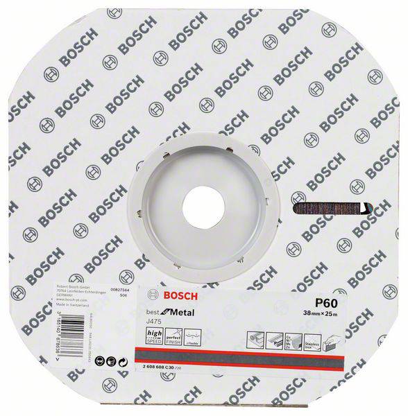 Role brusného papíru od Bosche, označená nápisem 'best for Metal'. Zrnitost P60, šířka 38 mm, délka 25 m. Viditelné firemní logo.