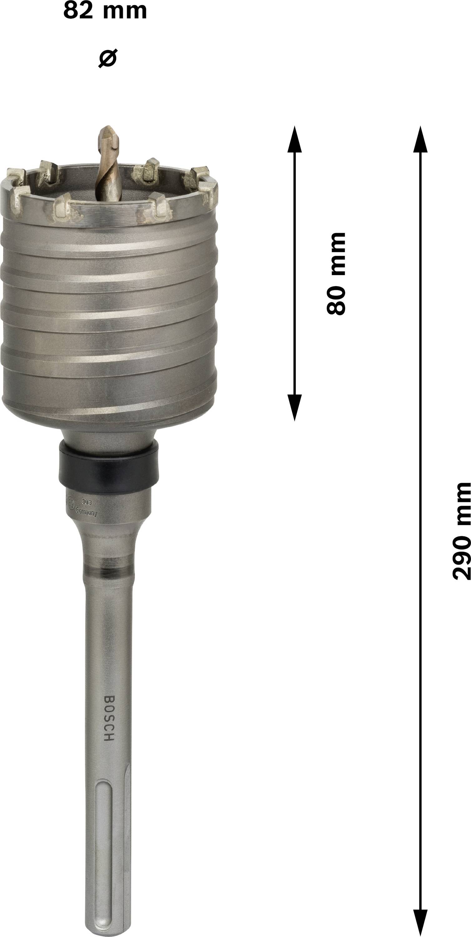 Vrtací nástavec s průměrem 82 mm a délkou 290 mm, vhodný pro betonové práce. Vedle diagramy s údaji o délkách.