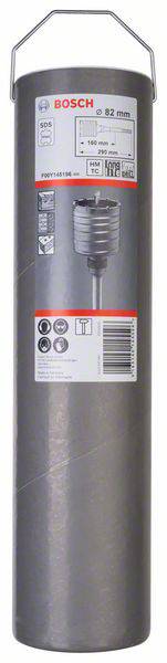 Válcový produkt firmy Bosch s rukojetí. Na štítku jsou viditelné technické detaily, název produktu '82 mm' a čárový kód.