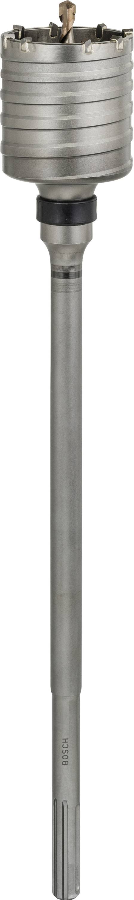 Šedý děrovací vrták s několika řeznými zuby, vhodný pro vrtání velkých kruhových otvorů do pevných materiálů, jako je beton.
