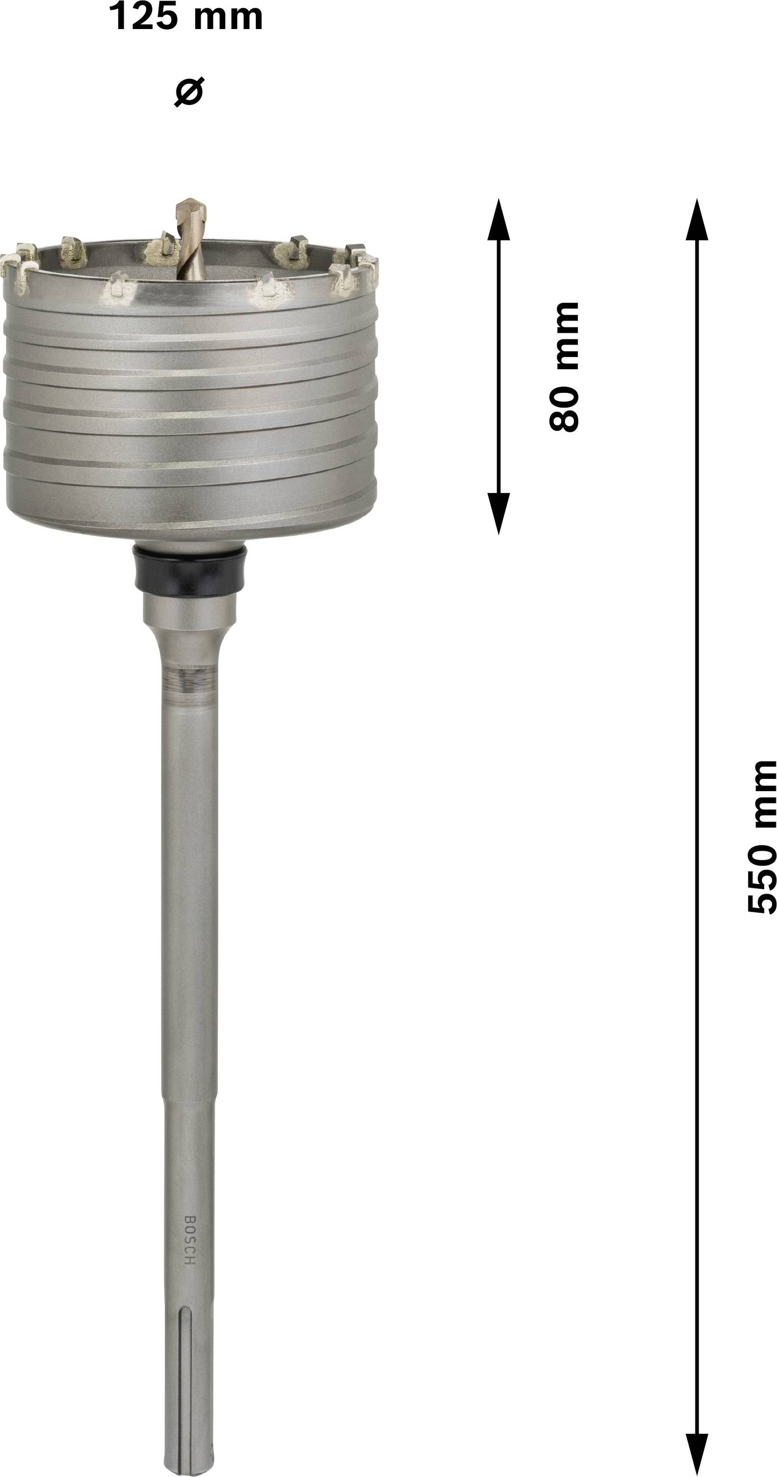 Kovový vrtací hlavice s průměrem 125 mm, výškou 80 mm a celkovou délkou 550 mm včetně stopky.