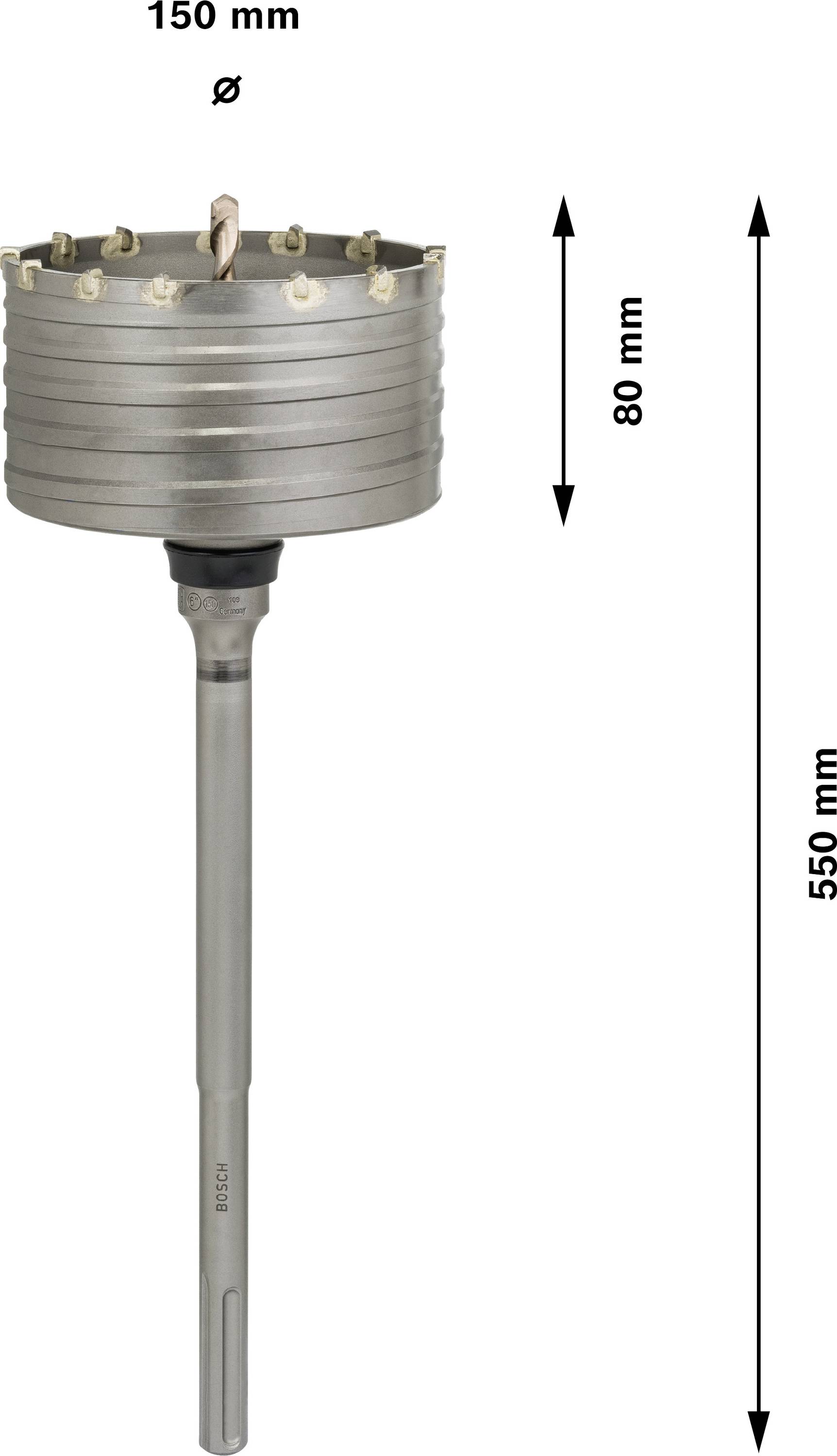 SDS-max korunkový vrták s průměrem 150 mm, délka 550 mm. Vhodný pro vrtání do betonu. Délka vrtací hlavice: 80 mm.
