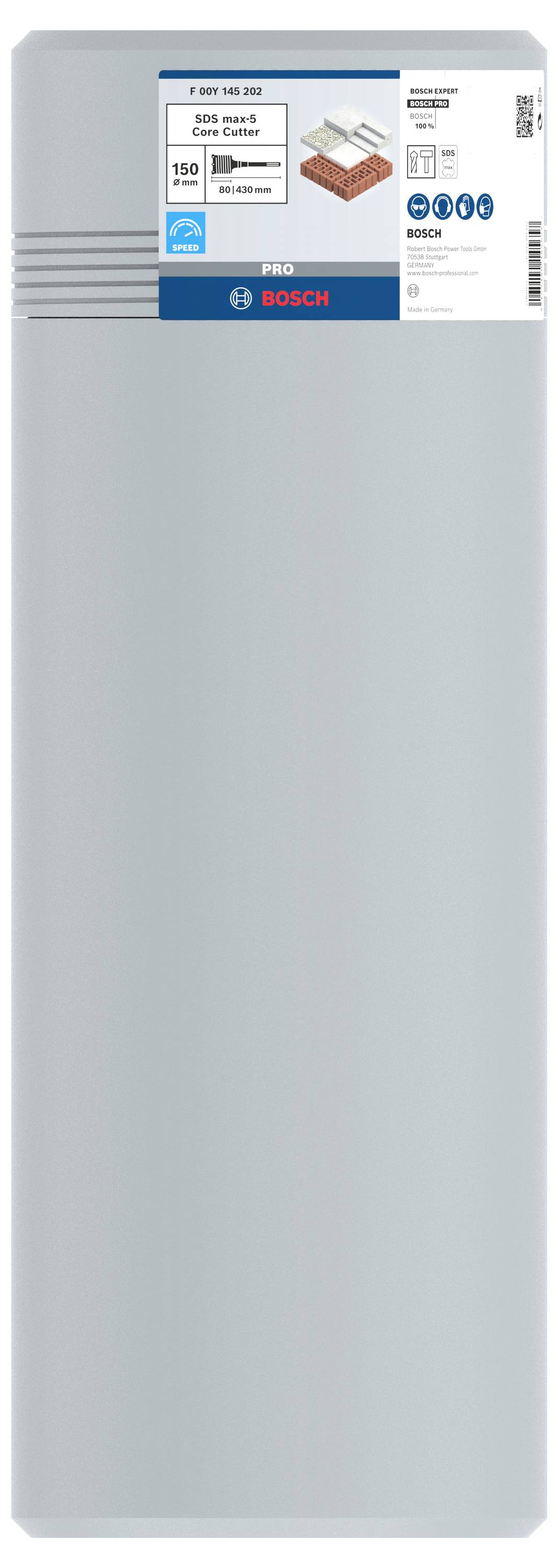 Šedý balíček brusného papíru Bosch, zrnitost P120, pro dřevo a kov, 150 archů. Produktový štítek zobrazuje pokyny k použití.
