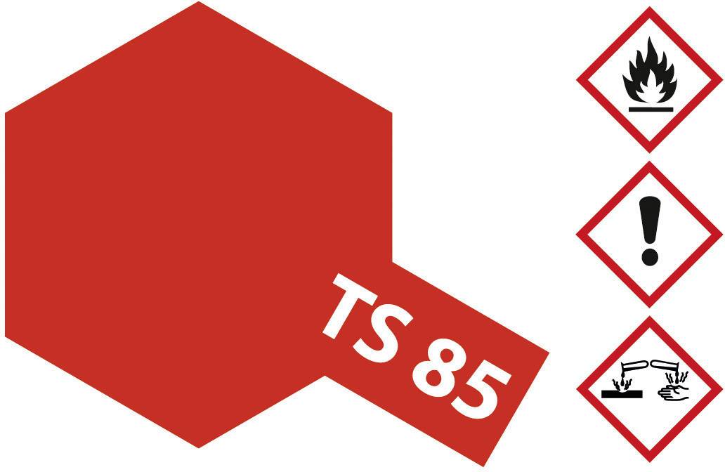Červený šestiúhelník s nápisem 'TS 85'. Tři výstražné symboly: plamen (hořlavé), vykřičník (varování), leptavá kapalina (korozivní).