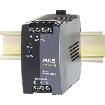'PULS MiniLine' napájecí zdroj, černošedý, montovaný na DIN lištu. Vstupní napětí: AC 100-240V, výstup: 24V, 2,5A, LED indikace.