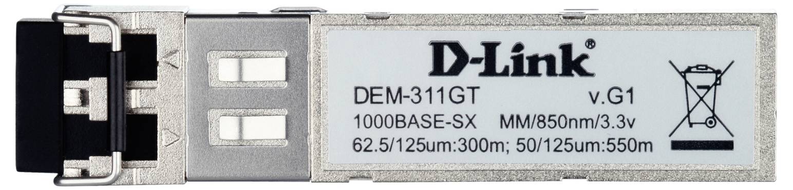 Modul transceiveru D-Link DEM-311GT na optické vlákno, označený 1000BASE-SX a MM/850nm, s konektorem LC a symboly shody.