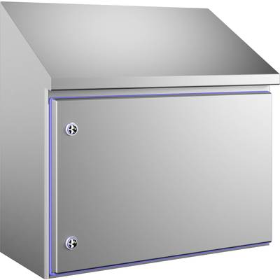 Poštovní schránka z nerezové oceli se šikmou střechou, dvěma zámky a modrým lemováním. Moderní, odolný design vhodný do exteriéru.