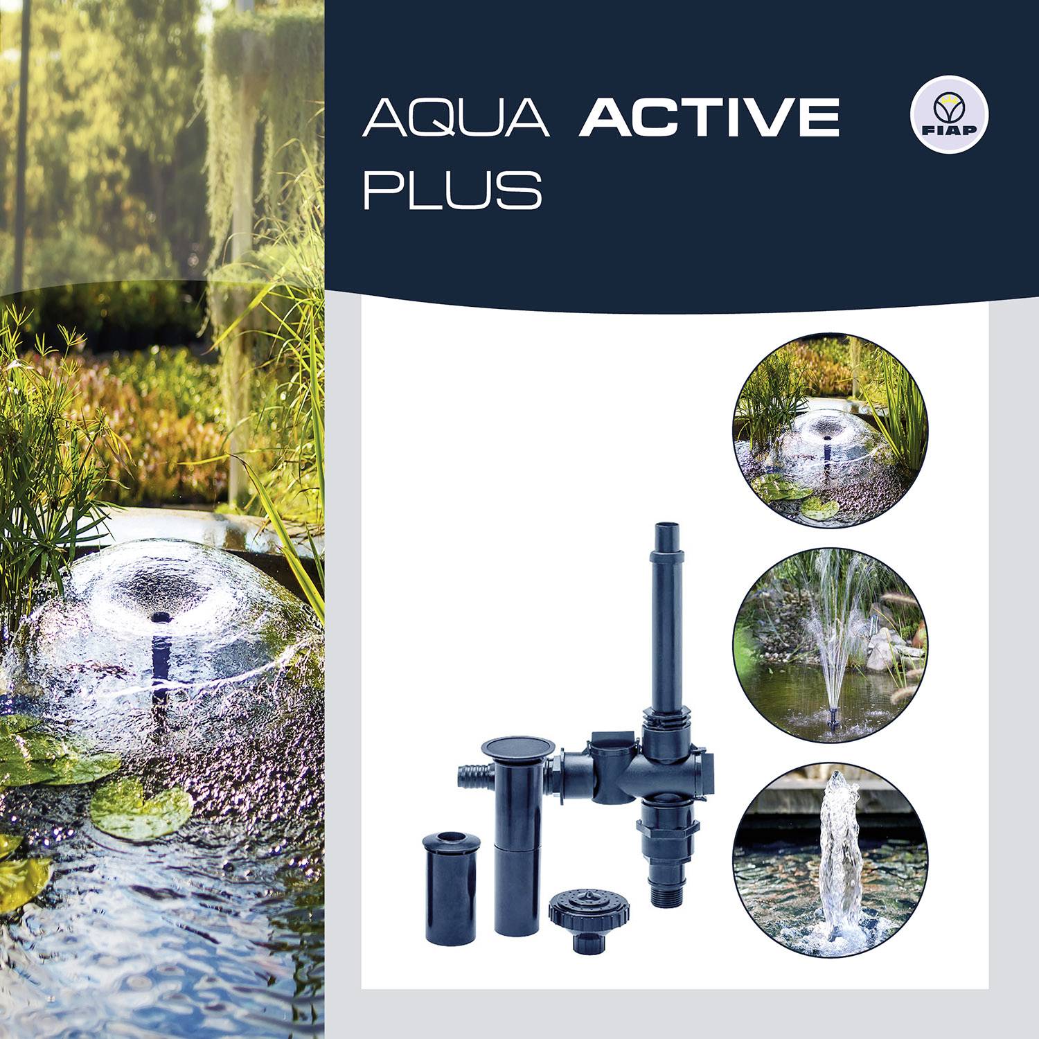 Fontána a trysky 'FIAP Aqua Active Plus', znázorněné na obrázku s různými vodními efekty: zvonový, kaskádový a pěnový proud.