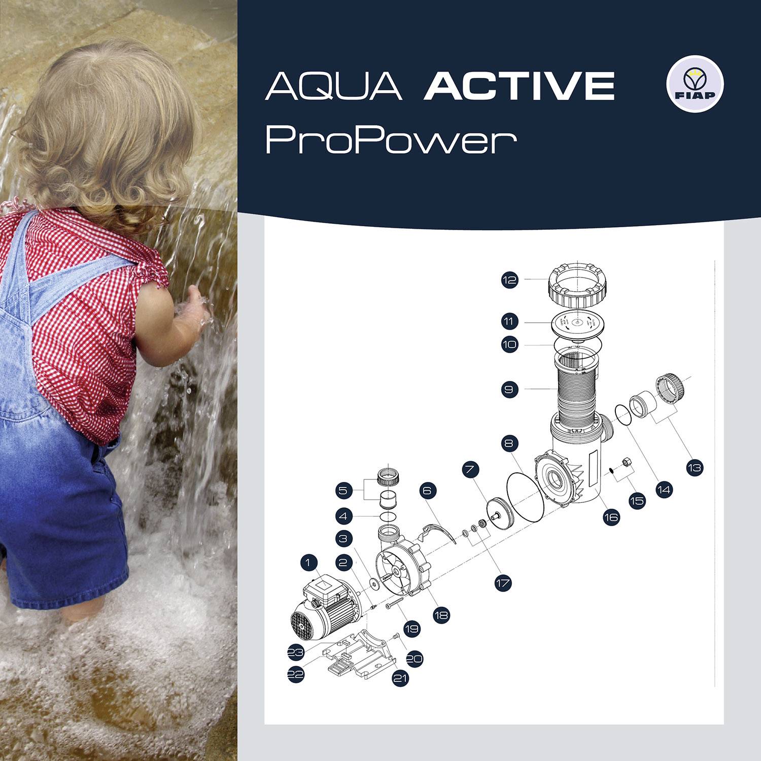 Dítě si hraje ve vodě, má oblečené červené lacláče s puntíky. Vpravo vedle je technický výkres čerpadla s čísly součástek. Nápis: 'AQUA ACTIVE ProPower'.