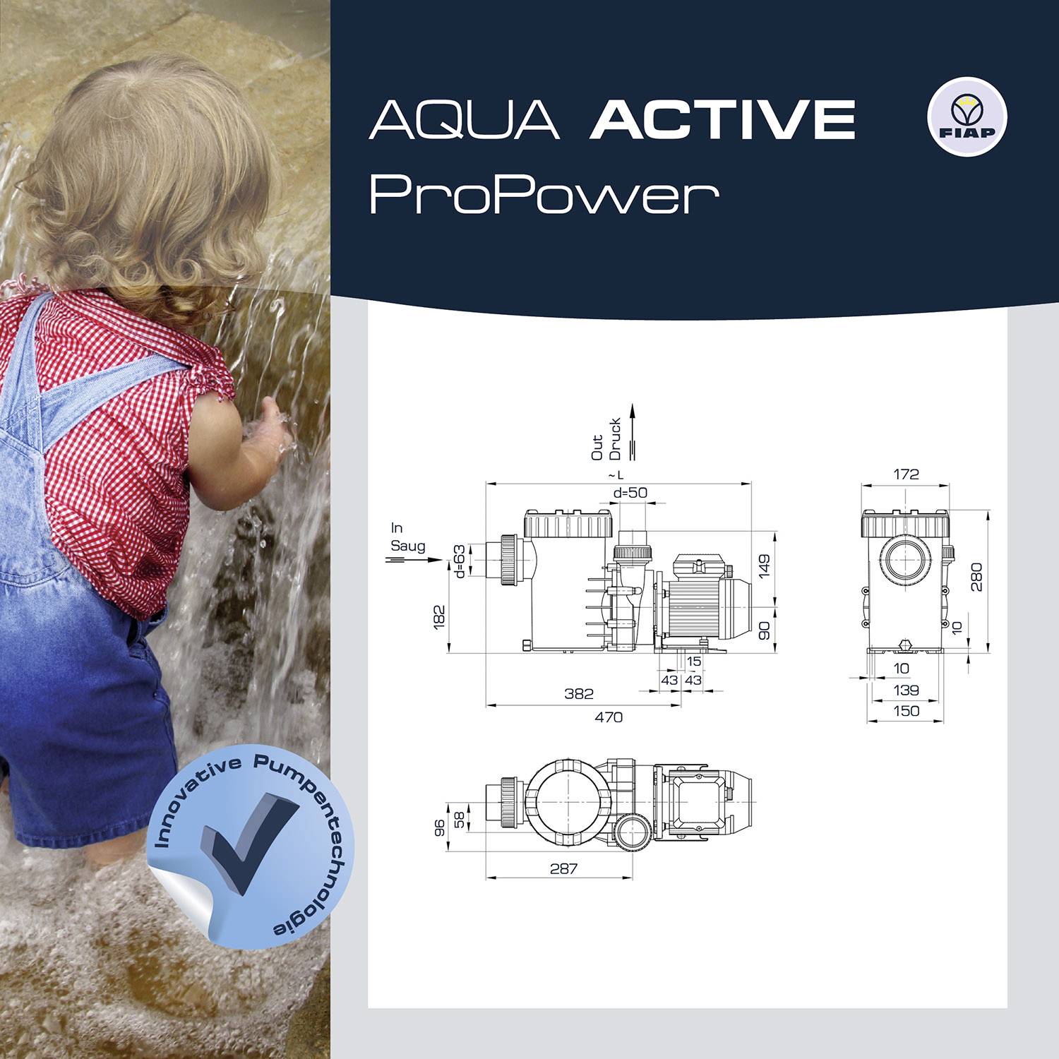 Dítě si hraje ve vodě. Produktový prospekt vodní pumpy s technickými výkresy a názvem 'Aqua Active ProPower'.