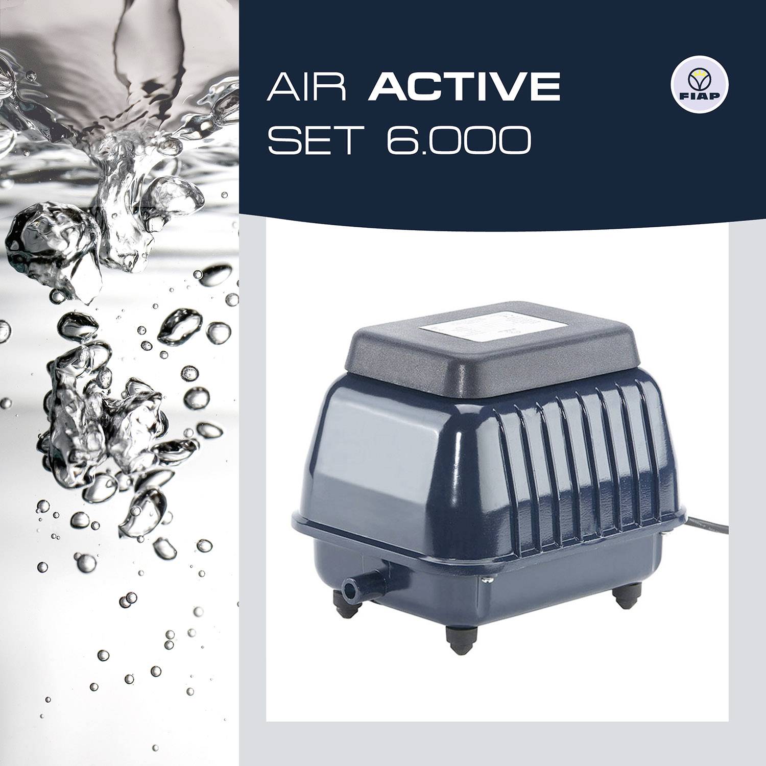 'FIAP AIR ACTIVE SET 6.000' Provzdušňovač vody, znázornění ve stylizované grafice se stříkající vodou vlevo a produktem vpravo. Ideální pro provzdušňování jezírek.
