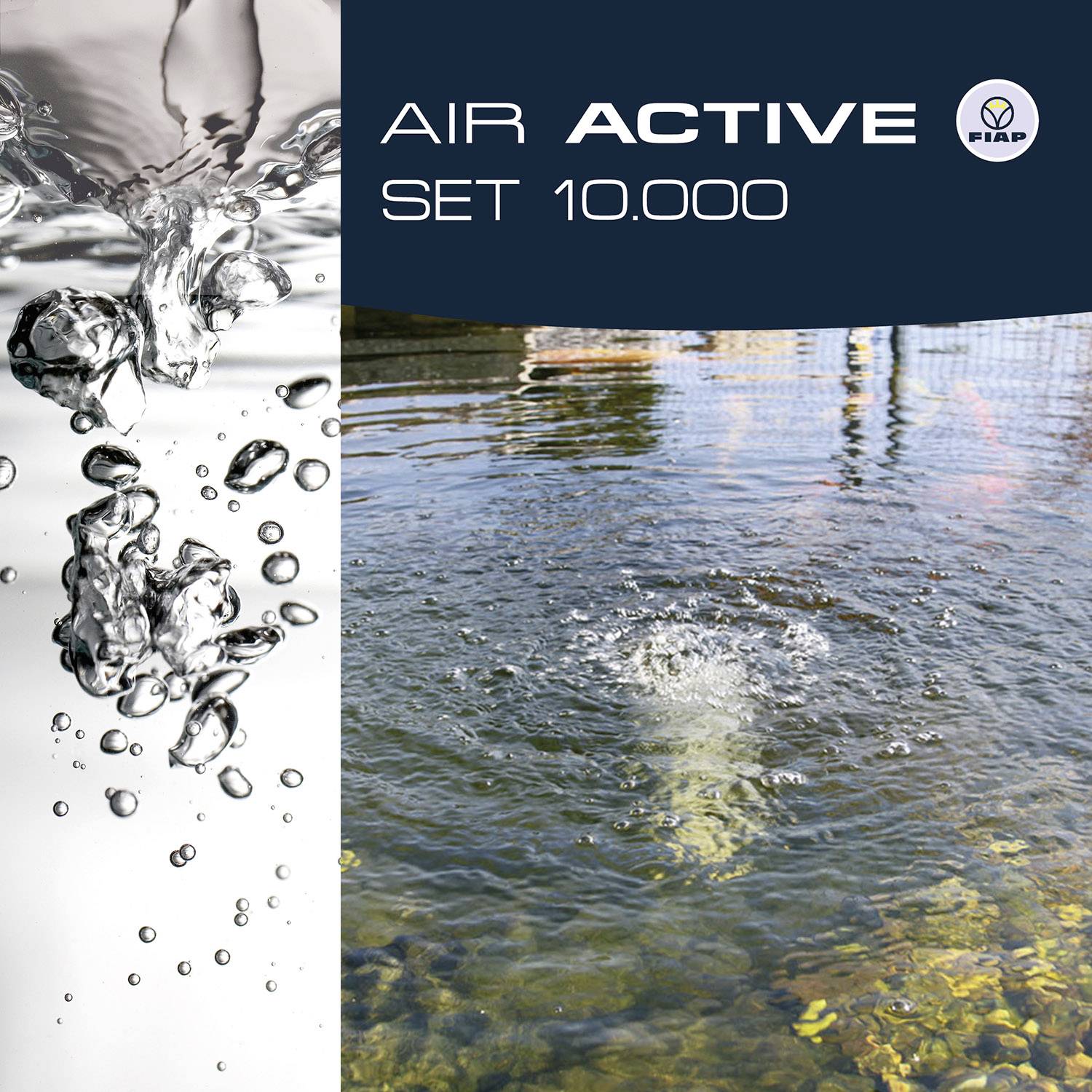 Vzduchové bubliny stoupají v čiré vodě; vpravo nahoře je logo a text 'AIR ACTIVE SET 10.000' na modrém pozadí.