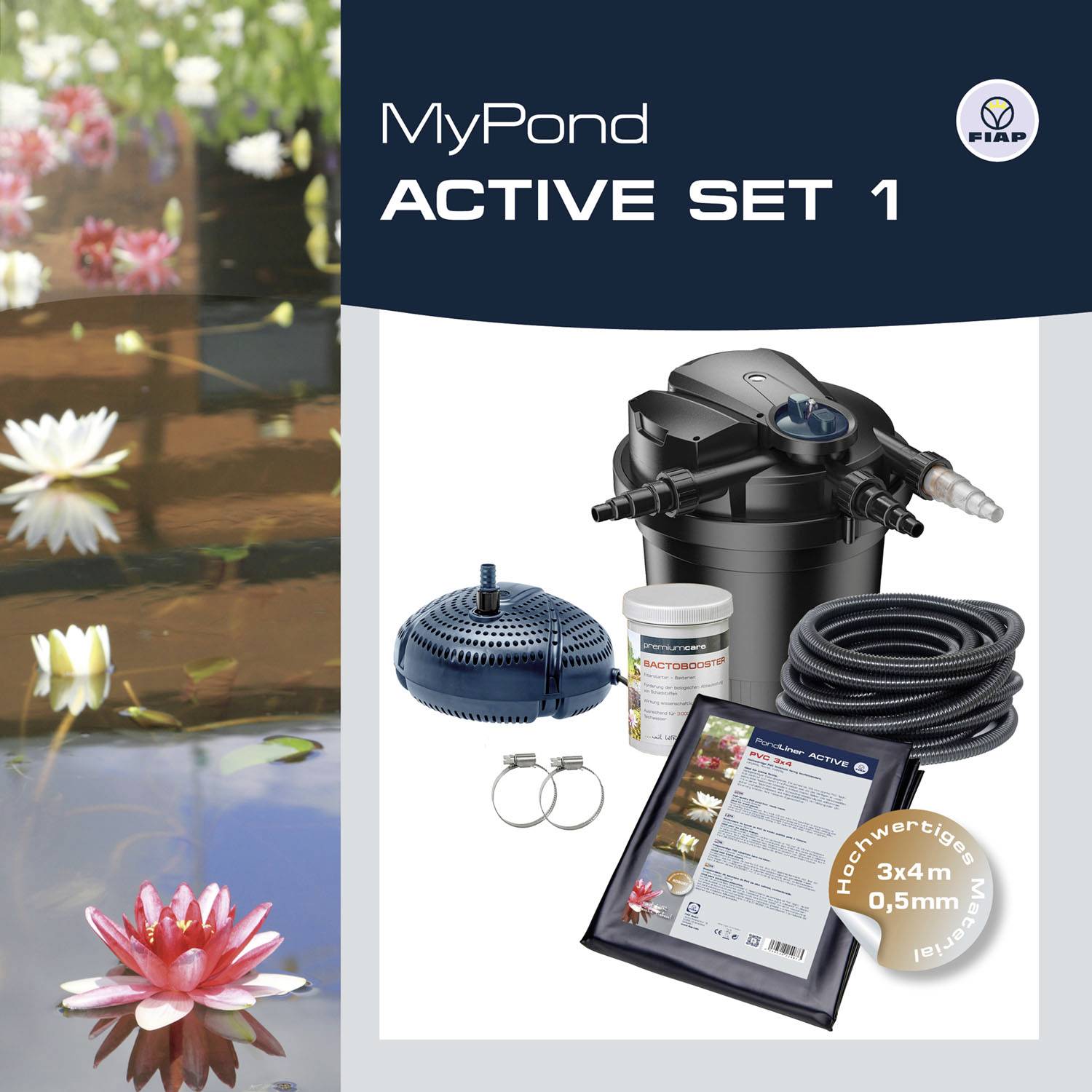 Reklama na 'MyPond Active Set 1' s jezírkovým filtrem, hadicemi a příslušenstvím, umístěná před fotografií vodní hladiny s lekníny.
