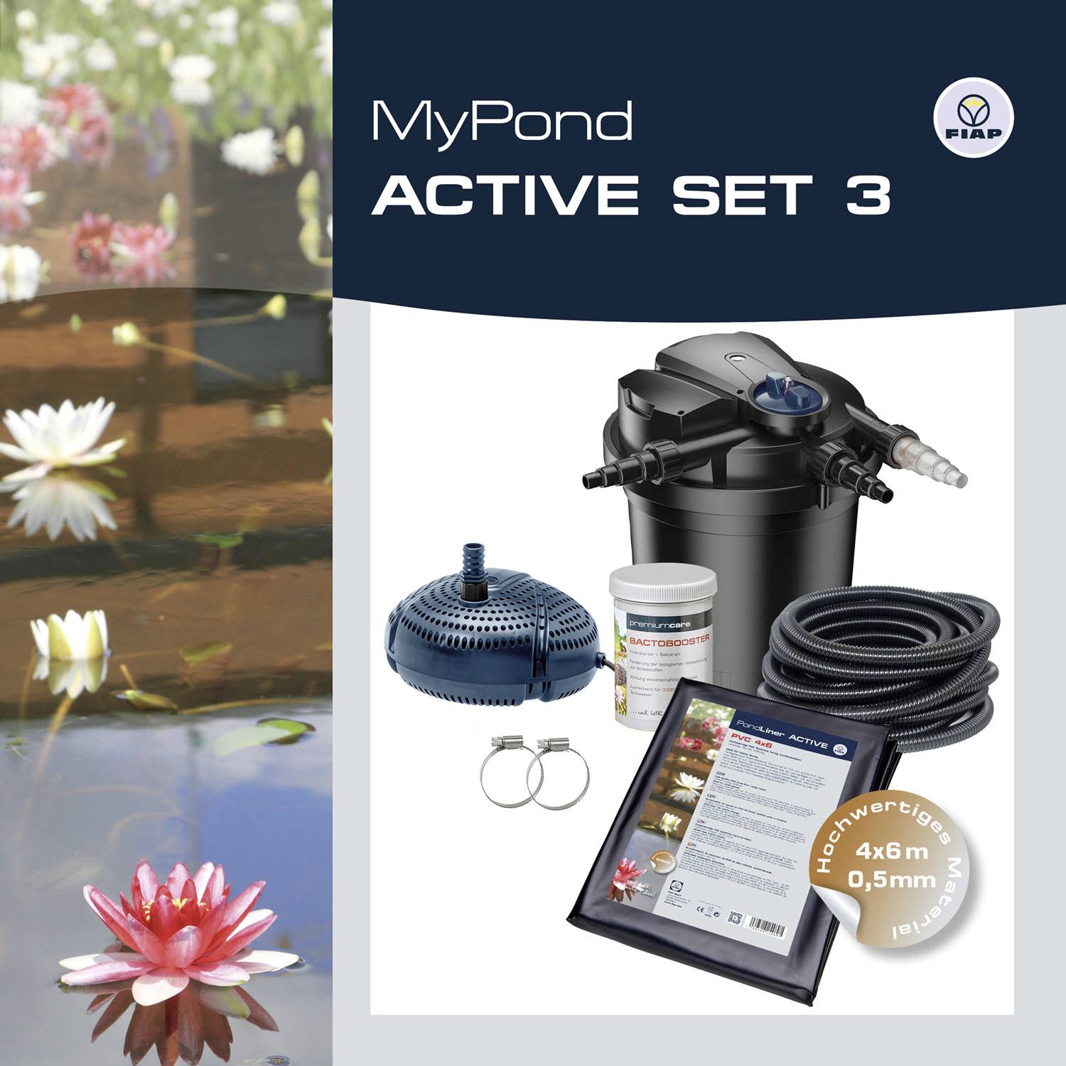 Sada 'MyPond ACTIVE SET 3' pro jezírka včetně filtru, čerpadla a hadic. Pozadí: lekníny ve vodě. Logo Fiap v pravém horním rohu.