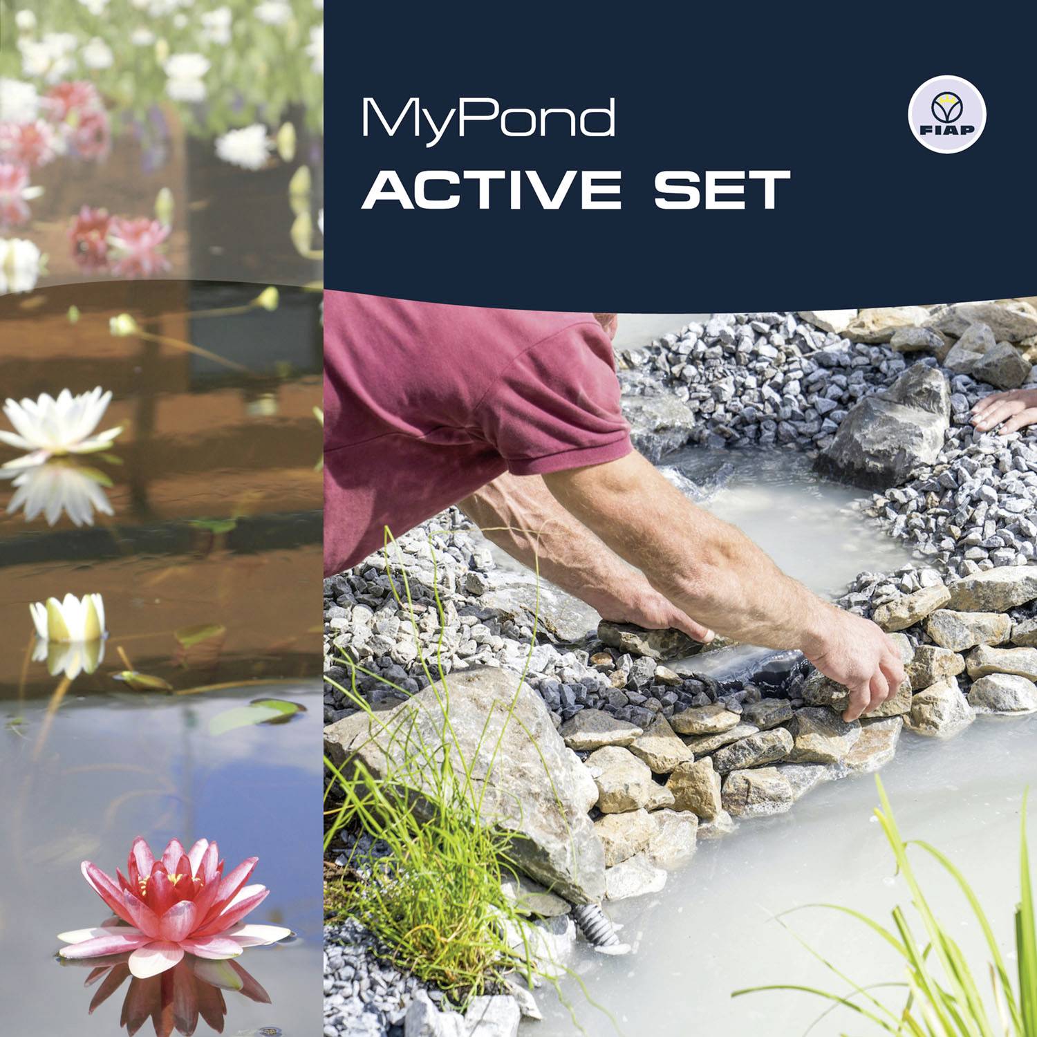 Muž uspořádává kameny vedle rybníka s kvetoucími lekníny na třpytící se vodní hladině. Text 'MyPond ACTIVE SET'.