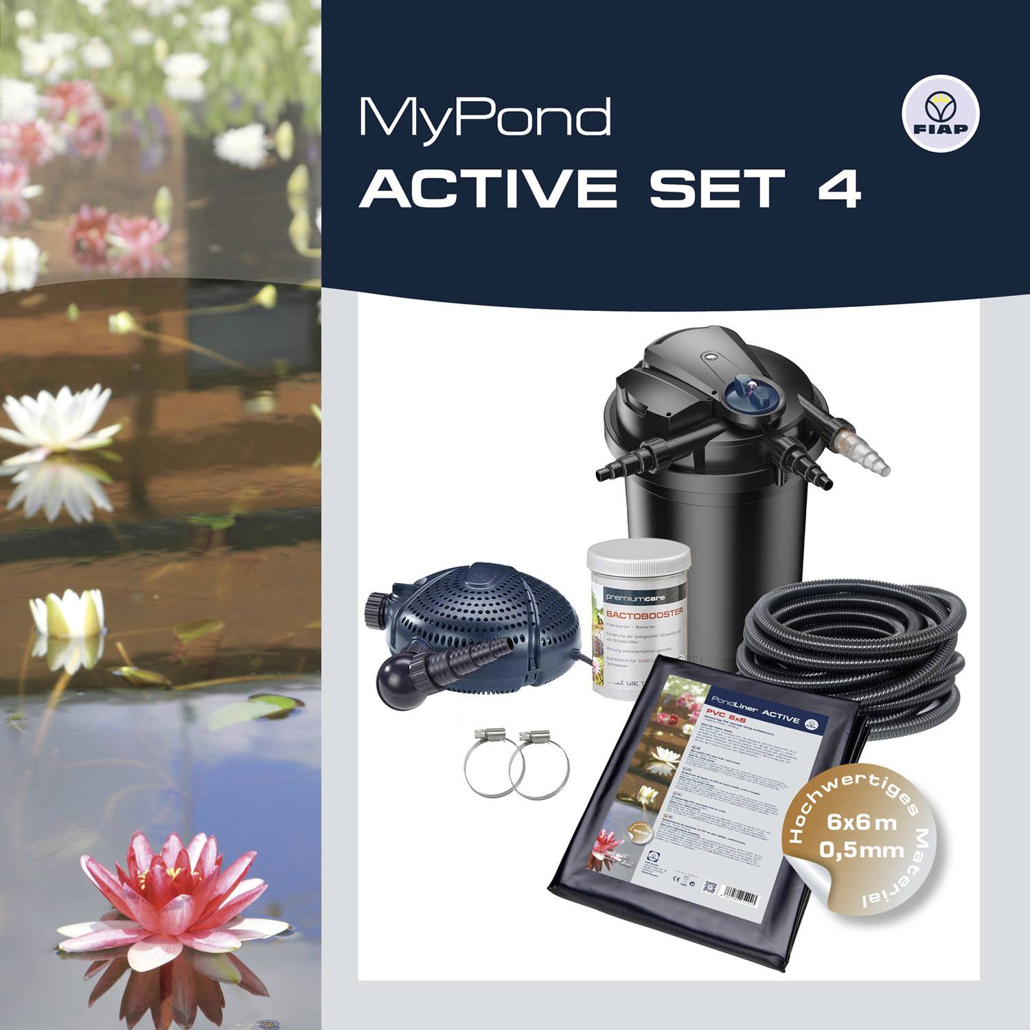 'MyPond ACTIVE SET 4' produktové balení s filtrem, čerpadlem, hadicí a příslušenstvím pro péči o jezírko. V pozadí jezírko s lekníny.