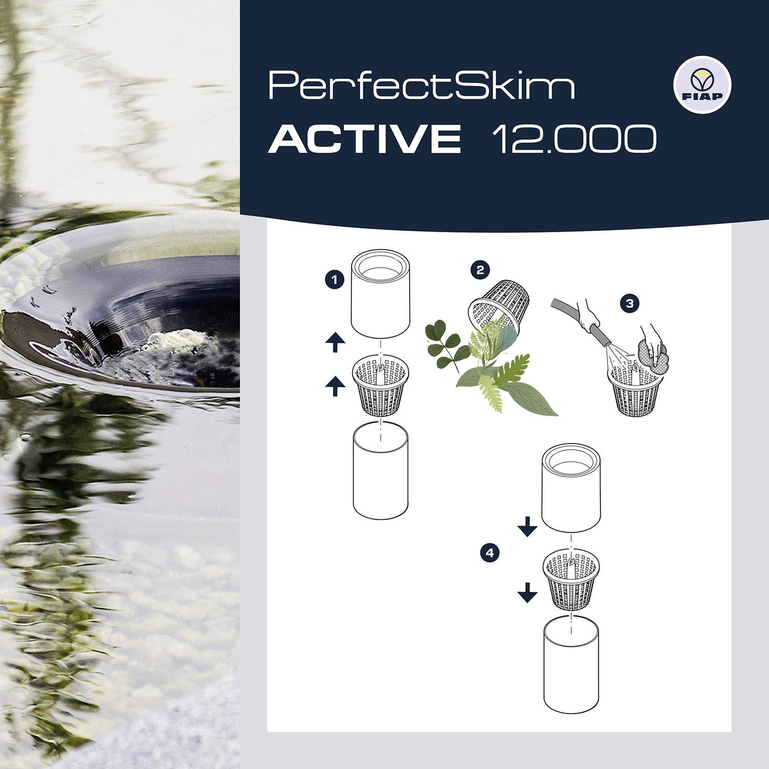 Vlevo: Vodní hladina s listy. Vpravo: Návod k vodnímu filtru 'PerfectSkim ACTIVE 12000' se čtyřmi kroky.