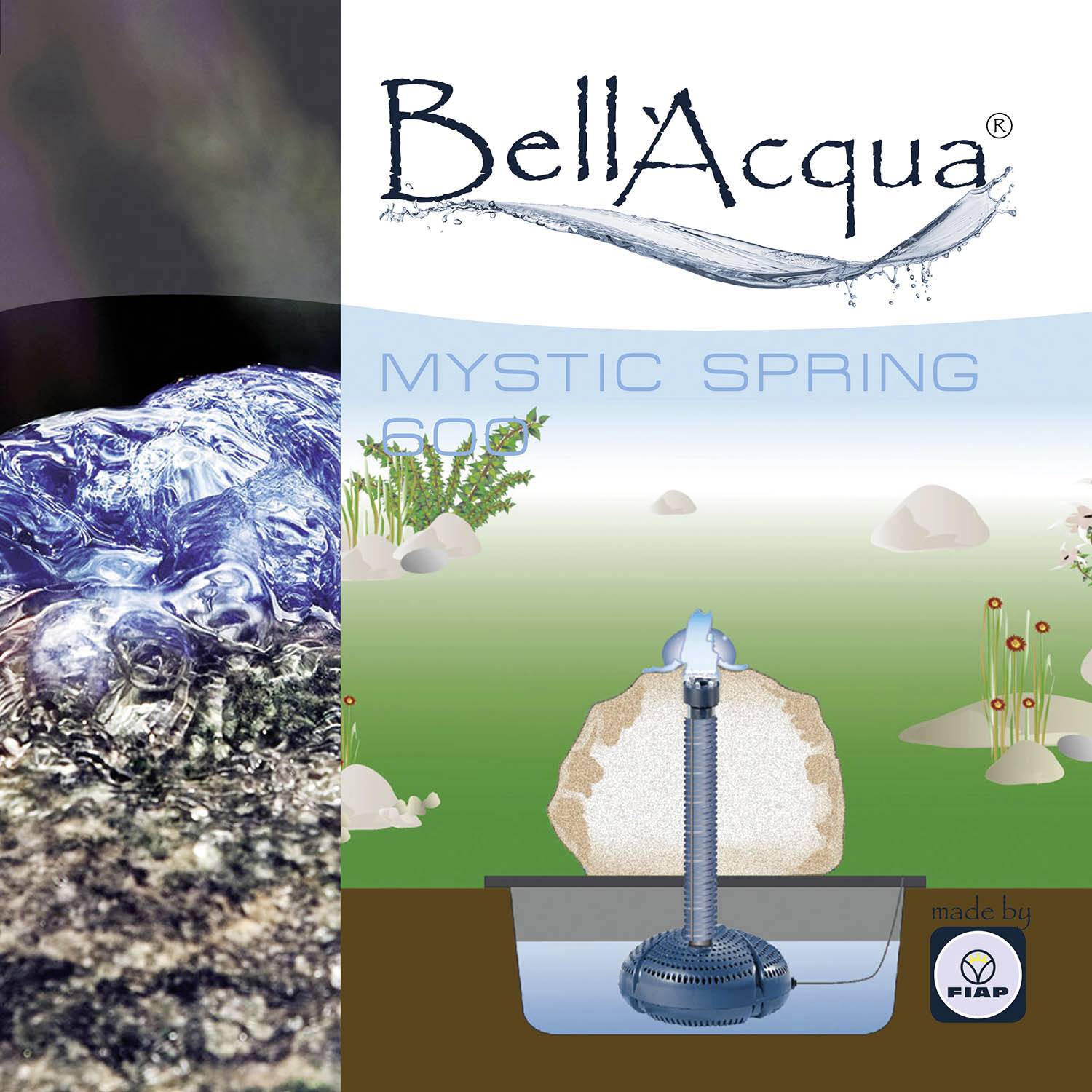 Nahoře je napsáno 'BellAqua Mystic Spring 60%'. Pod tím je zobrazen vodní dávkovač a kameny. Vlevo je vidět voda na štěrku.