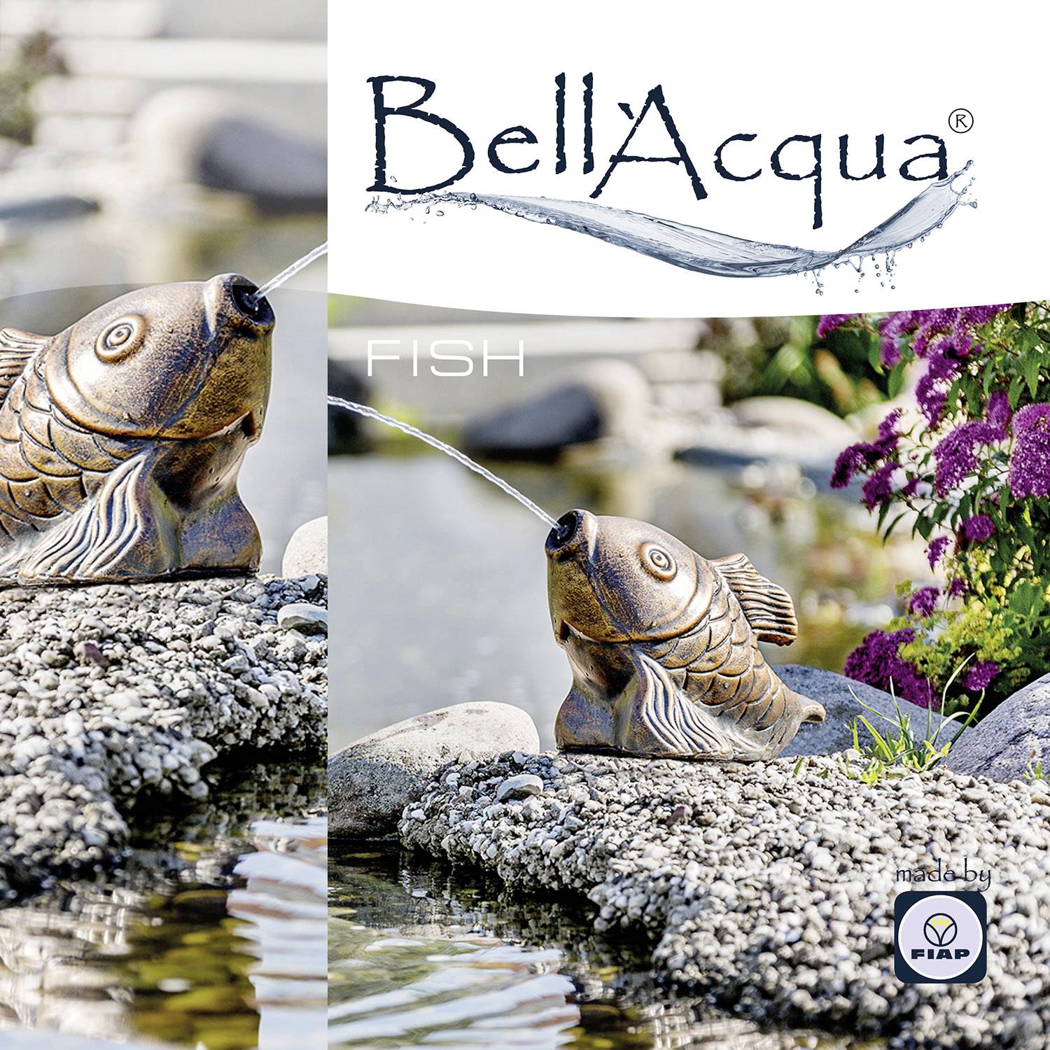Design „BellAcqua Fish" vodochrlič: Rybí socha stříká vodu, obklopená oblázky a rostlinami.