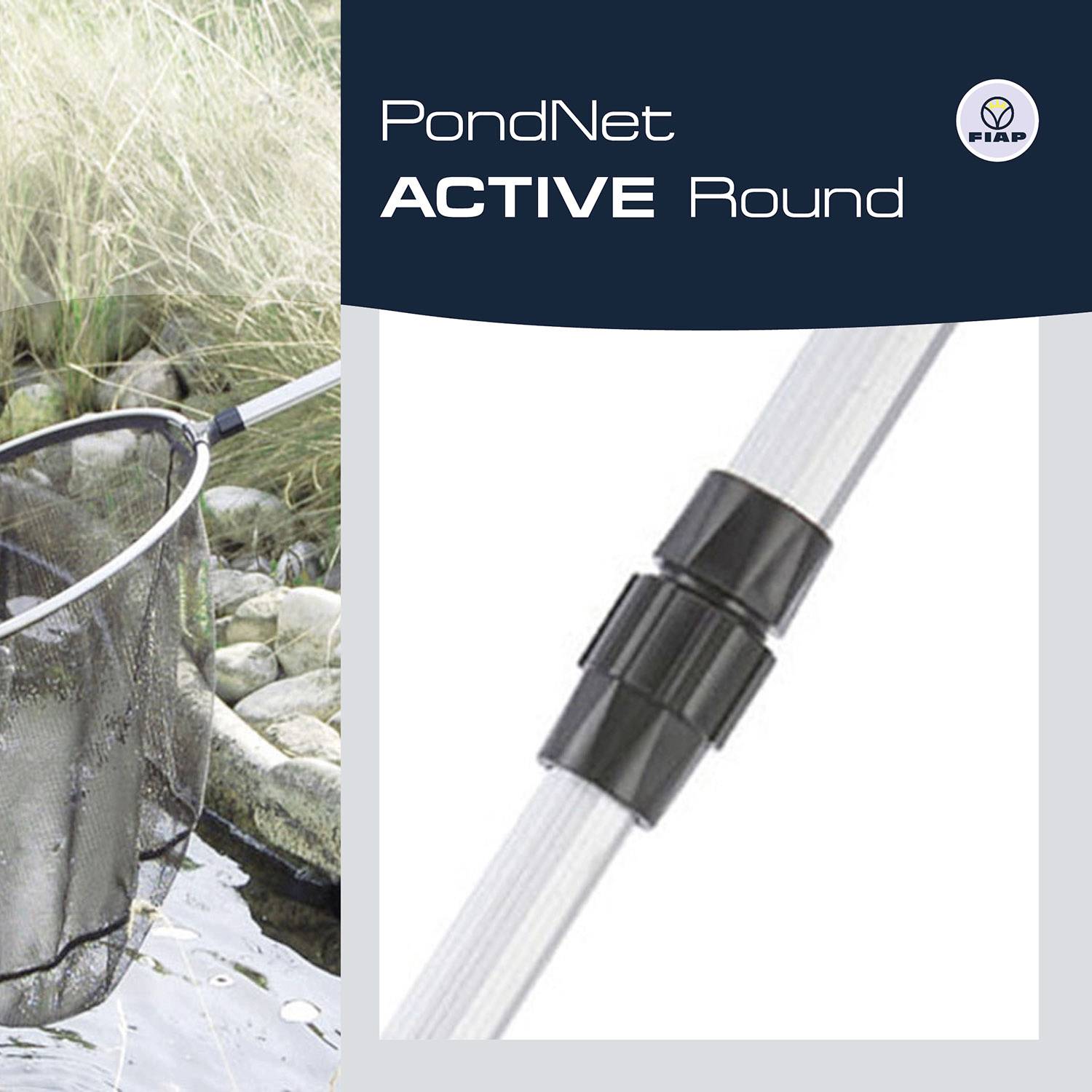 Síť s teleskopickým držadlem na břehu řeky, obklopená kameny a trávou. Text: 'PondNet ACTIVE Round'.