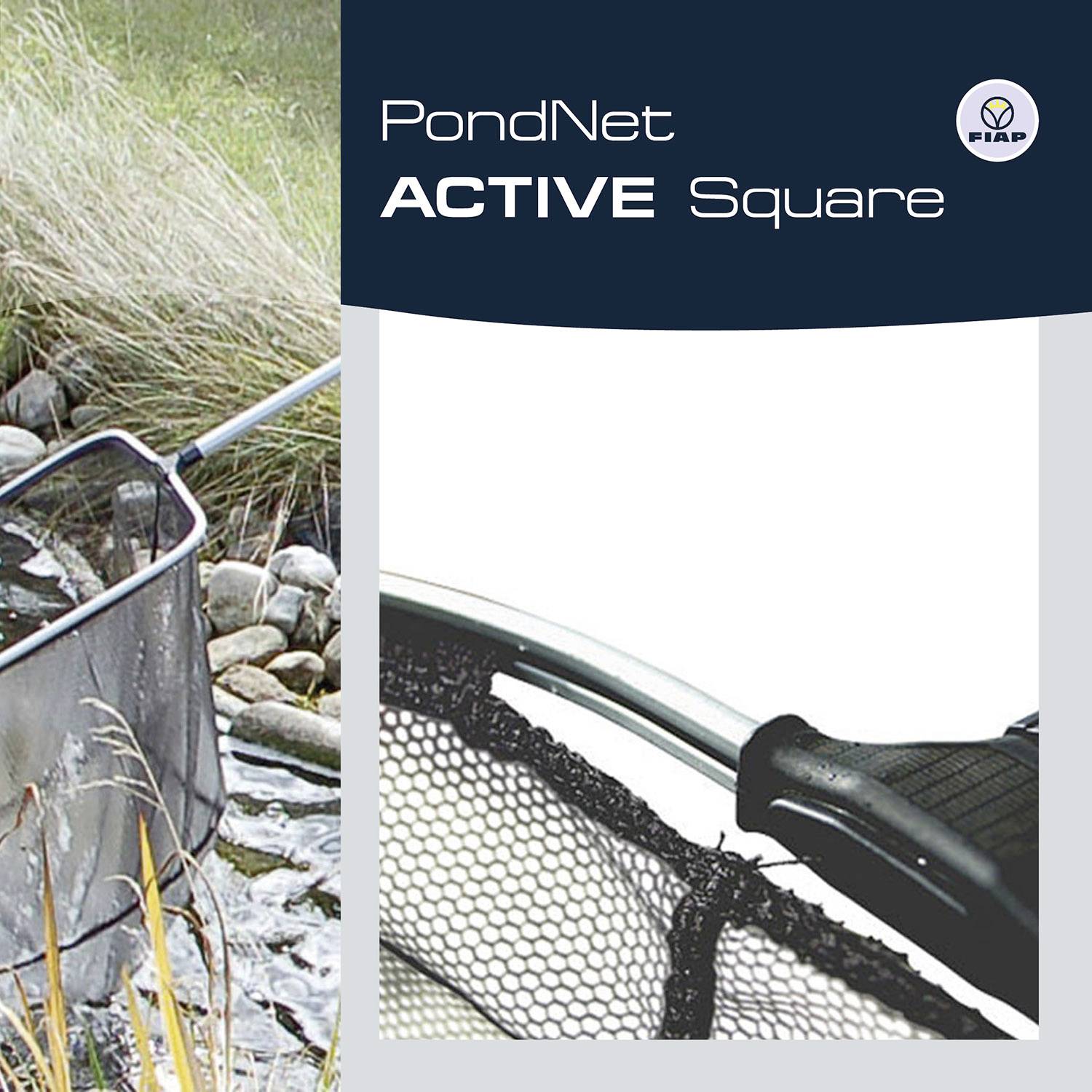 Kescher 'PondNet ACTIVE Square' s čtvercovou sítí se používá při lovu v přirozeném prostředí rybníka.