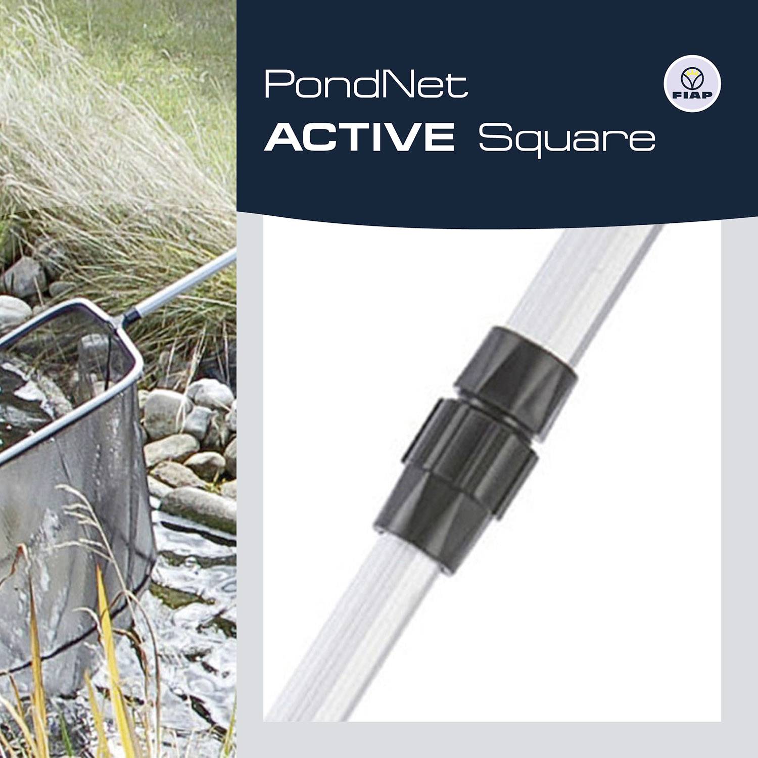 Malý obrázek sítě na rybník a teleskopické tyče. Text vpravo: 'PondNet ACTIVE Square'.