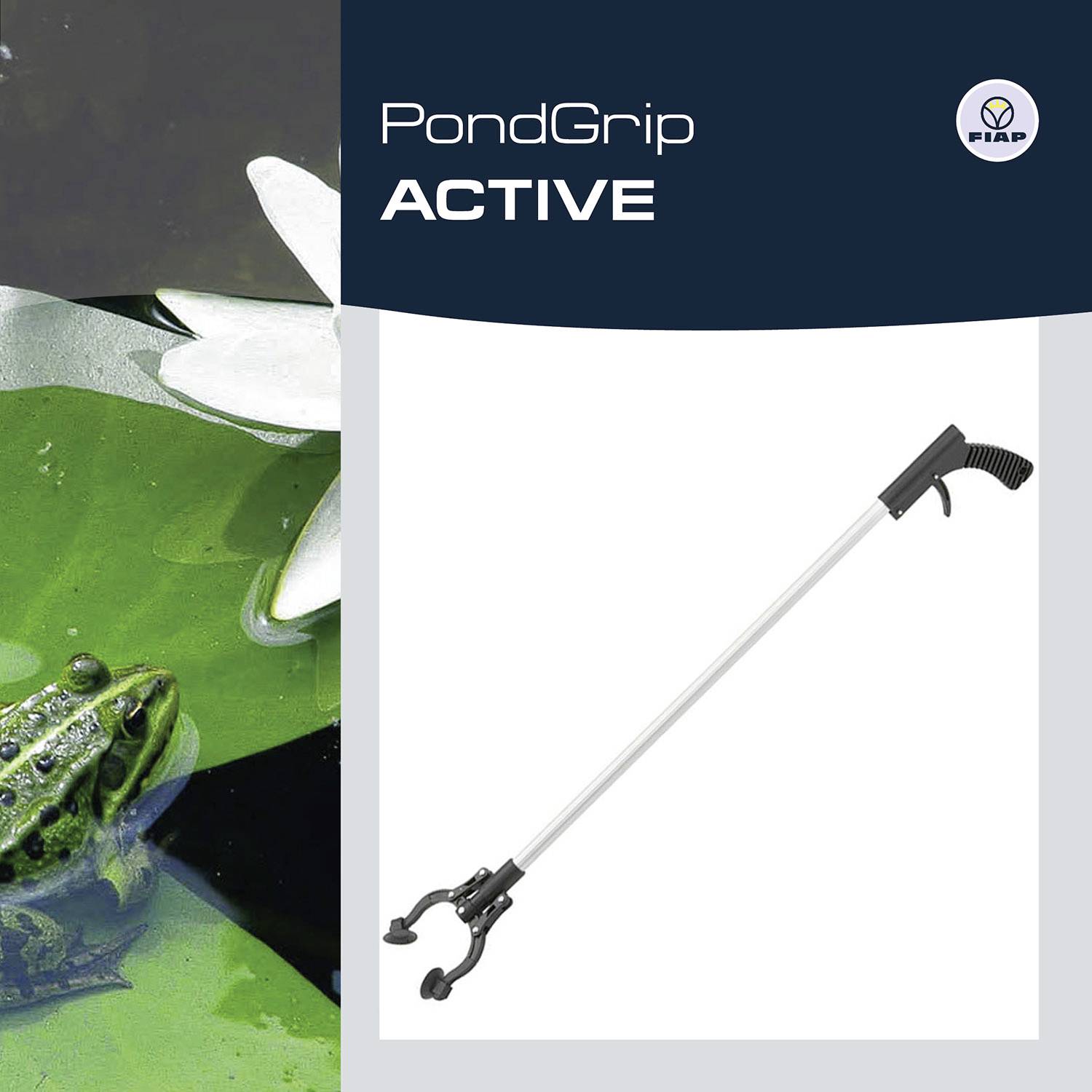'PondGrip ACTIVE': Obrázek ukazuje speciální nástroj pro údržbu jezírka nad rybníkem s žábou a lekníny. Ikona nástroje v pravém horním rohu.