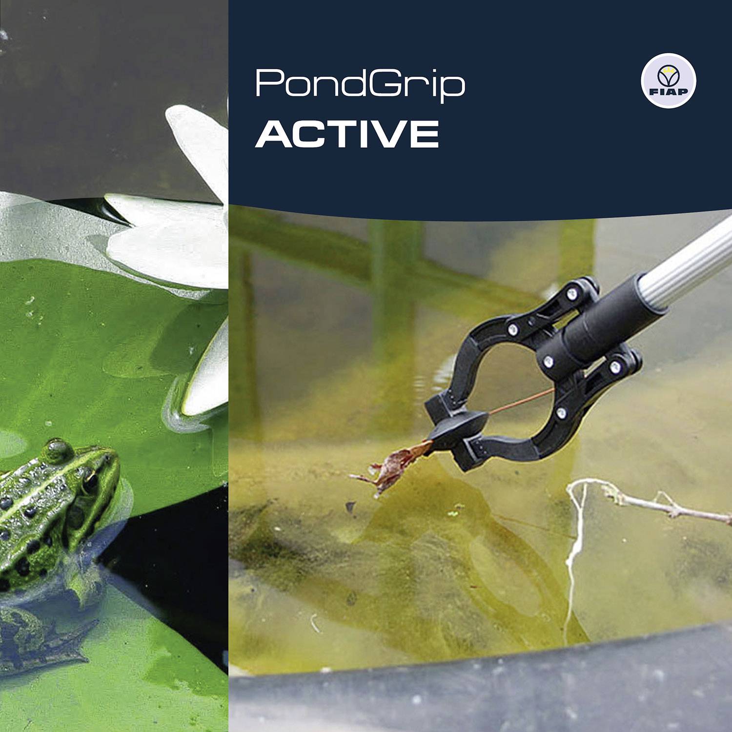'PondGrip ACTIVE' zahradní nástroj zachytává listí v rybníce. Vlevo sedí žába na listu leknínu.