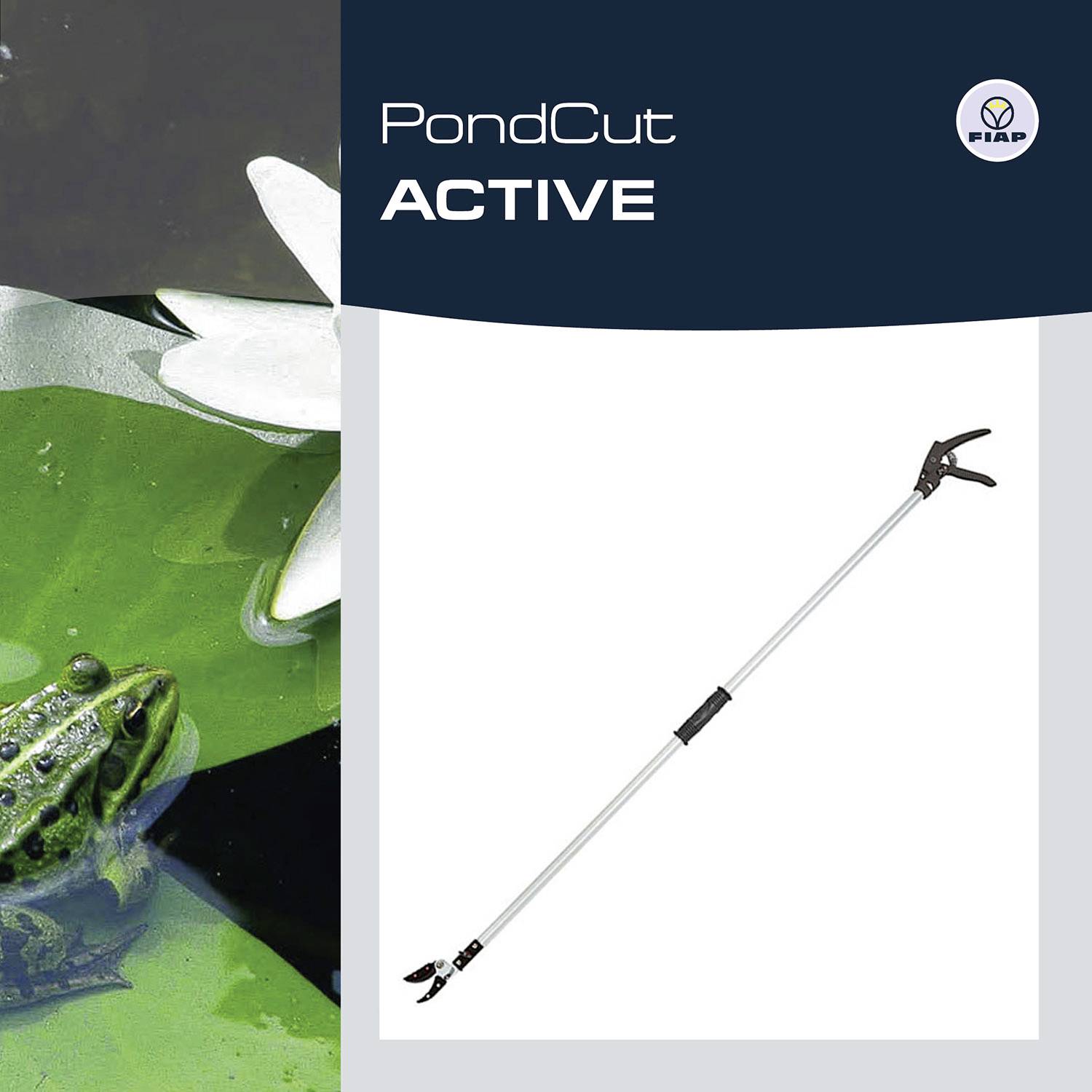 'PondCut ACTIVE' teleskopické nůžky od FISKARS na bílém pozadí. Vlevo rybník s plovoucími listy a žábou.