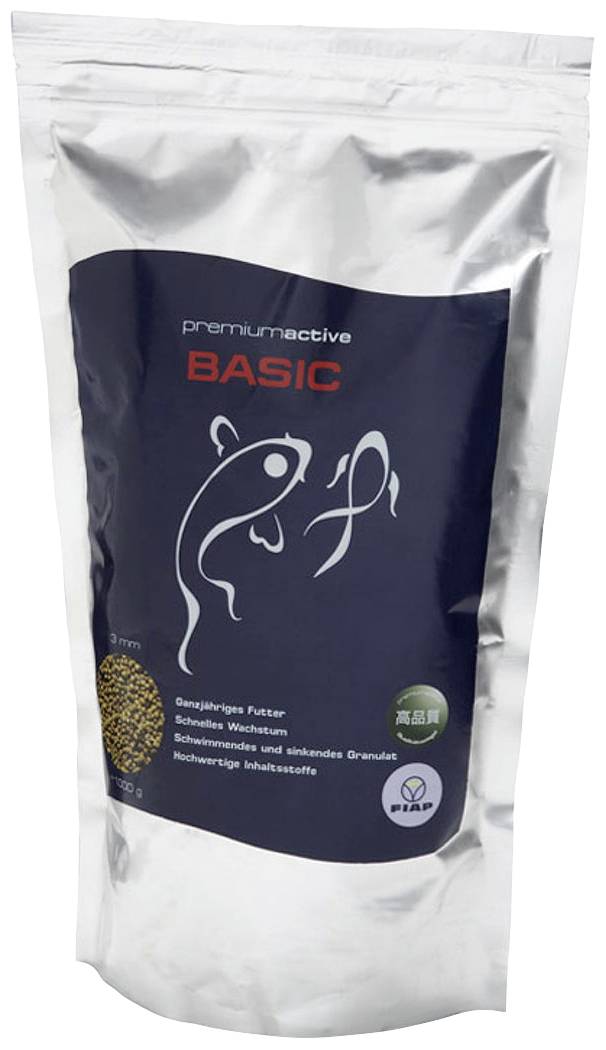Stříbrný obal s krmivem pro ryby 'Premium Active Basic', s vyobrazením dvou ryb, určený pro rychlý růst a vysoce kvalitní složení.