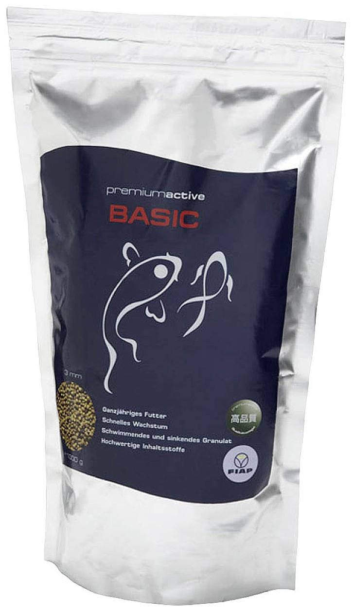 Balení krmiva s nápisem 'premiumactive BASIC', symboly ryb a textem o rychlé rychlosti růstu.