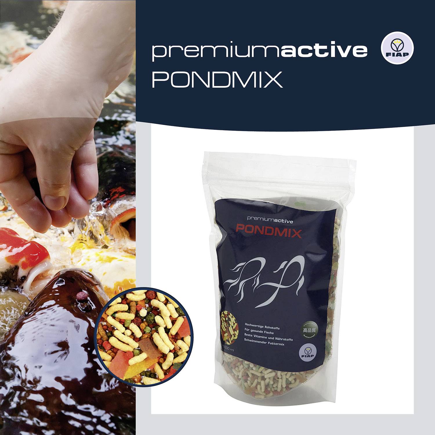 'Premium Active PONDMIX' sáček s krmivem vedle obrázku ryb při krmení. Sáček ukazuje barevné granule, ideální pro aktivní rybníkové ryby.