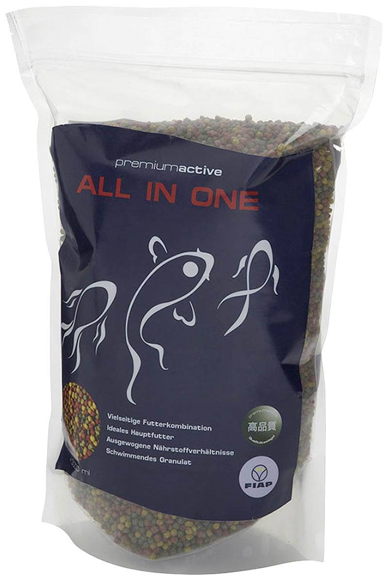 Sáček s krmivem pro ryby 'All in One'. Obsahuje všestranné kombinace krmiva pro hlavní druhy ryb s vyváženým poměrem živin.