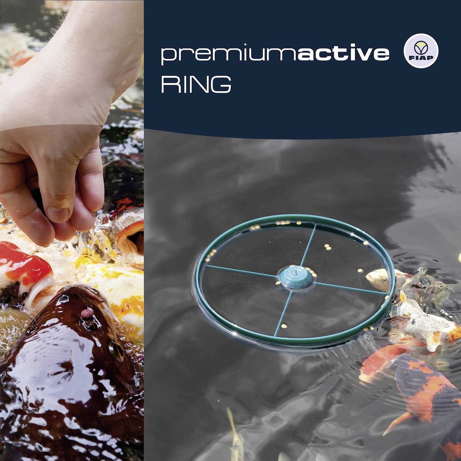 Zařízení ve vodě, obklopené rybami; nahoře text: 'premium active RING', vedle logo.