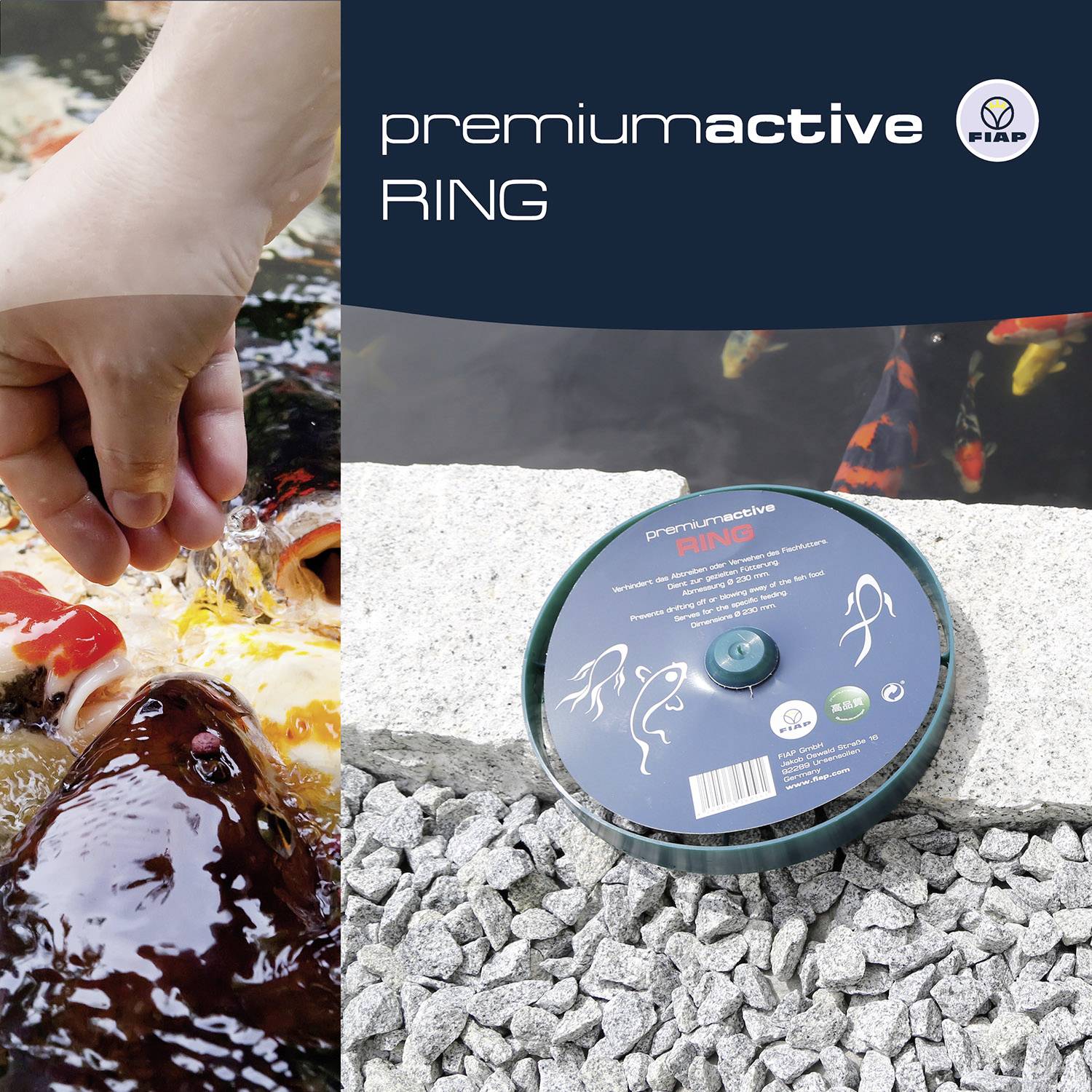 Krmná dóza 'Premium Active RING' na štěrku, poblíž rybníkových ryb. Víko zobrazuje kresbu ryby a loga.
