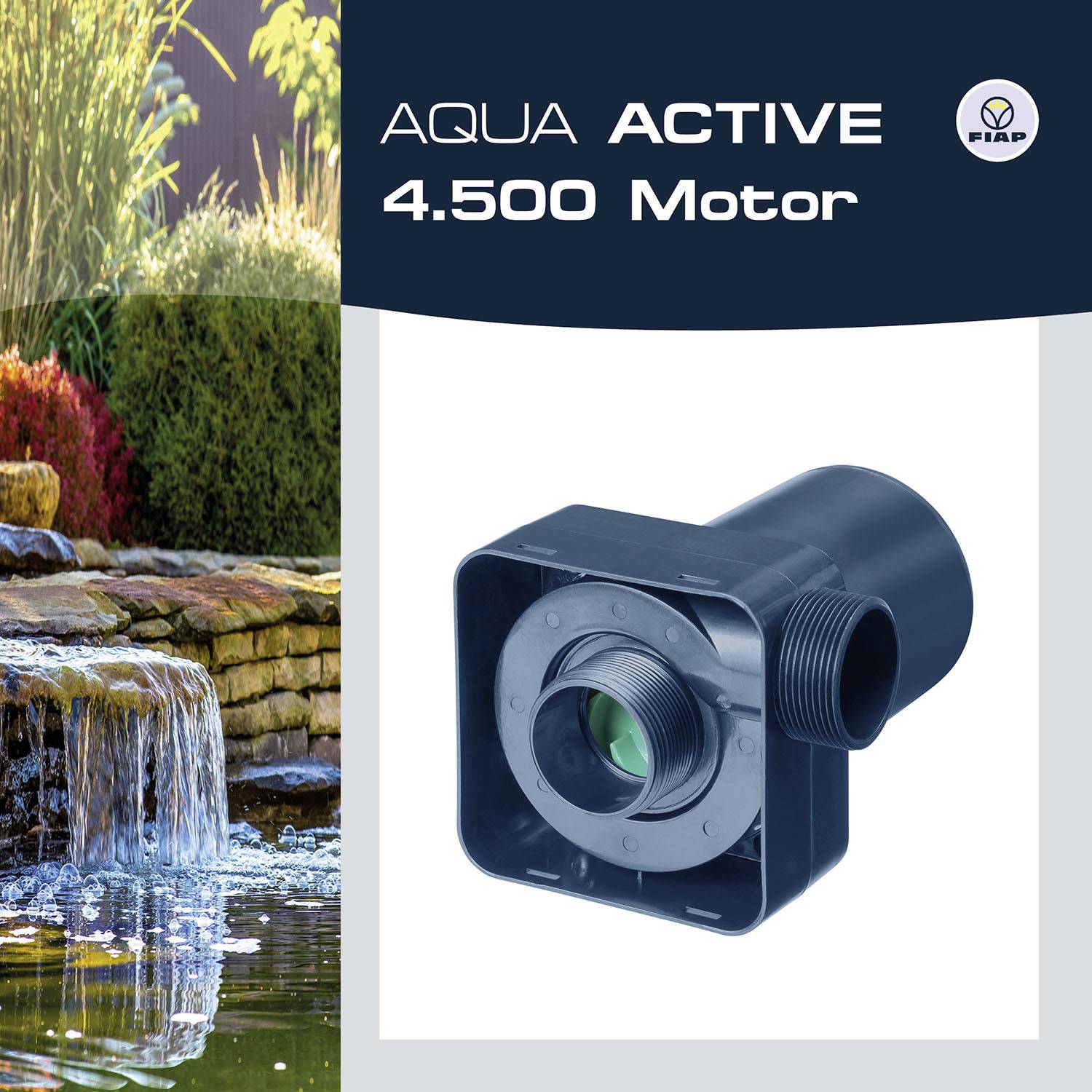 FIAP Aqua Active 4.500 Motor. Obrázek zobrazuje vodopád vedle detailního záběru černého motorového zařízení.